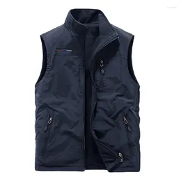 Men's Vests Man Spring Outdoors Waistcoat M-6XL Fleece Lined Multi Pocket Two Side Wear Leisure Hiking Cargo Sleeveless Jacket