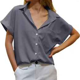 Women's Blouses Casual V Neck Shirts For Women Solid Color Button Down Tops Short Sleeve V-neck Lapel Collar Long Top Camisas Blusas