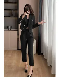 Women's Two Piece Pants Autumn Solid Set For Women 2024 Elegant Double Breasted Short Blazers Tops Coat And Ankle-length Pant Suit