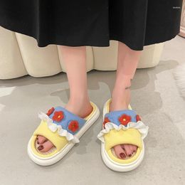 Slippers Casual Female Shoes Low Slides Platform Flower Luxury 2024 Massage Summer Flat Rome Cotton Fabric Rubber Floral PU