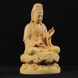 4inch Wood Carving Guanyin Bodhisattva Figurine Buddha Sculpture Lucky Crafts Avalokitesvara Statue for Home Decoration 240202