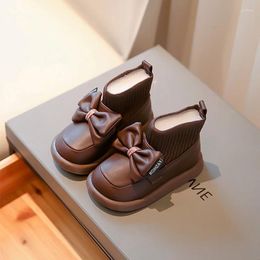 Boots Girls Bowtie Ankle Pu Knit Splicing Baby Kid Shoes 2024 Autumn For Children Leather Hoop & Loop Boot Black Brown 23-34