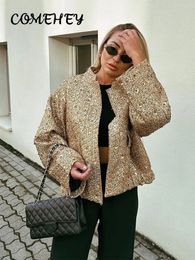 Gold Sequin Lurex Jacket Women Autumn Winter Elegant Stand Zippers Long Sleeve Coat Pockets Female Fashion Streetwear Tops 240118