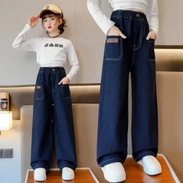 Fashion Teenage Children's Wide Leg Jeans for Girls Spring Kids Straight Denim Pants With Buttons Loose Causal Trousers 240118