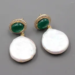 Dangle Earrings GuaiGuai Jewellery Rare White Keshi Pearl Coin Shape Green Agate Cz Pave Cute Style For Lady