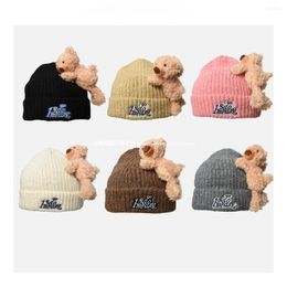 Berets Net Red With The Pink Wool Hat Fashion Three-dimensional Bear Knitted Winter Girls Cute Face Small Warm Cover Hats