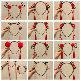 Hair Accessories Children Ancient Style Wig Headband Flower Tassel Hanfu Sticks Tang Suit Hoop Girls Plush Red Bow Hairband