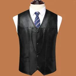 Men's Vests 2024 Autumn And Winter Leisure Warm Fleece Lined V-neck Pu Leather Vest