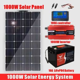 1000W Solar System Complete Kit For Home With 1000W 2000W Solar Panel 100A Charge Controller 220V Inverter 10Ah30Ah LFP Battery