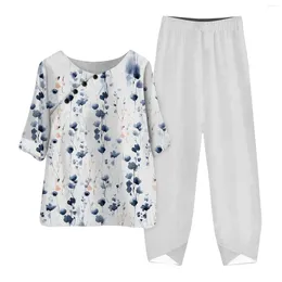 Women's Two Piece Pants 2 Pieces Set Women Clothes Summer Floral Half Sleeve O-neck Top Elastic Waist Nine Matching Sets For Female