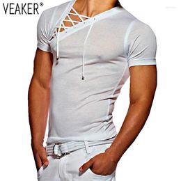 Men's T Shirts 2024 Fitness Gyms Shirt Male Sexy Bandage Hollow Out White Short Sleeve Men V Neck Tshirt Tops M-3XL