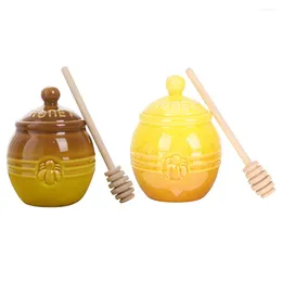 Dinnerware Sets 2 Set Of Honey Holder Jar Lidded Pot With Stirring Rod Ceramic Storage Canister