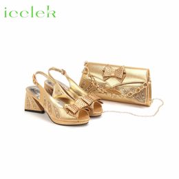 est Selling Gold Color Platform Design Peep Toe Ladies Shoes Matching Bag Set For Mature Women Party Pump 240130