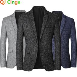 Autumn Men's Plaid Suit Jacket Single Breasted Men Business Casual Coat Grey Blue Male Blazer Masculino M-4xl 240127