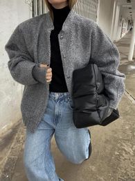 Women's Jackets SLMD 2024 Women Grey Bomber Outwear Button Solid Long Sleeve Casual Loose Coat Traf Ins