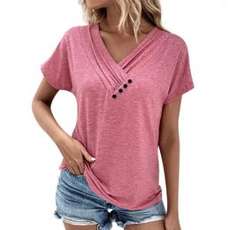 Women's T Shirts 2024 Summer European And American Leisure V-neck Short Sleeved T-shirt With Pleated Solid Buttons Slim Fit Top