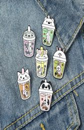 New Cartoon Bubble Tea Cup Shaped Brooches Set 6pcs Cute Animal Head Enamel Paint Badges Alloy Lapel Pin Denim Shirt Fashion Jewel1552758
