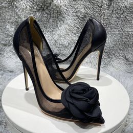 Dress Shoes Womens Pointed Toe Big Rose Black Flowers Stilettos High Heel Pumps Low Top Party Sexy Wedding Bridal Luxury