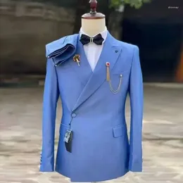 Men's Suits Men Suit 2024 Peaked Lapel Single Breasted Spring Jacket Pants Elegant Blue Costume Homme Tuxedo For Wedding Groomsmen Slim Fit