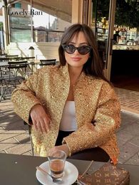 Fashion Sequin Coat For Women Pocket Long Sleeve Stand Collar Gold Female Jacket Autumn Single Breasted Lady Y2k Outwear Top 240122