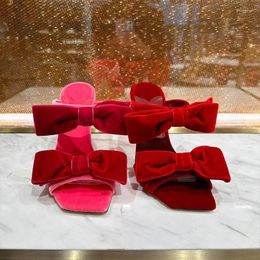 Slippers Bowtie Sugar Pink Velvet Sandals 2024 Celebrity Square Toe Open Thin Heels Black High