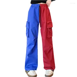 Trousers Fashion Girls Kids Red Blue Splice Colour Cargo Pants With Pockets Elastic Waist Kid Spring Hip Hop Loose Streetwear