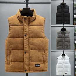 Men's Vests Men Fall Winter Waistcoat Stand Collar Neck Protection Sleeveless Thickened Padded Pure Colour Single-breasted Pockets Cardigan W