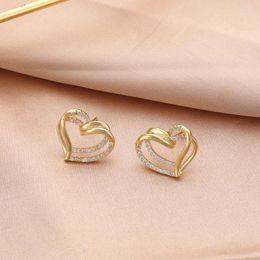 Stud Earrings 925 Sterling Silver Micro Inlay Zircon Heart Women's 14k Gold Plated Exquisite Earring Girls Birthday Gift Jewelry