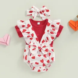 Clothing Sets Valentine's Day Baby Girls Clothes Set Solid Color Crew Neck T-Shirts Heart Print Suspender Shorts Headband 3Pcs Suit