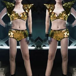 Stage Wear Sexy Pole Dance Clothing Gold Silver Mirrors Costumes Flying Shoulder Vest Bra Shorts Women Gogo Outfit XS5784