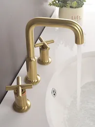 Bathroom Sink Faucets Basin Faucet 3 Holes Dual Handles Mixer Tap Brushed Gold Or Black Chrom Water