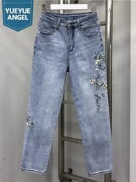 Women Vintage Floral Embroidery Straight Denim Pants Ankle Length Diamonds Ethnic Style Jeans Casual Streetwear Trousers Female 240129