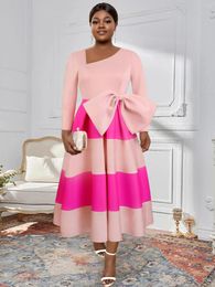 Plus Size Dresses Women Pink Dress 2 Tone A Line Patchwork Pleated Long Sleeves Asymmetrical Collar African Female Occasion Gowns