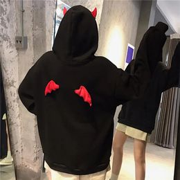 Girl Little Devil Horns Gothic Hooded Sweatshirt Long Sleeve Loose Fit Women Demon Fly Wings Hoodie Streetwear 240119