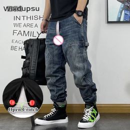 Men's Jeans American Fashion Hip Hop Cargo Sexy Exotic Open Crotchless Men Clothing Japanese Harajuku Denim Casual Pants Male