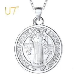 U7 925 Sterling Silver Coin Saint Benedict Necklace Dainty Chain Sacramental Medal Pendant Religious Catholic Unisex Jewelry 240123