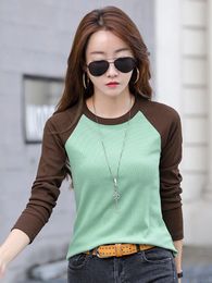 Cotton Slim T Shirt Women Contrast Colour Womens Shirt Korean Fashion Clothing Long Sleeve Top 2023 Spring Autumn Tee Shirt Femme 240118