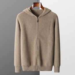 Cardigan con cappuccio da uomo Autunno e inverno Giacca in maglia ispessita di grandi dimensioni 100% lana merino Cappotto sportivo casual a maniche lunghe 240201