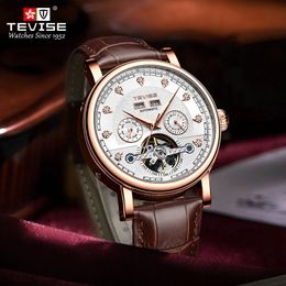 T867C TEVISE Fully automatic mechanical watch mens business fashion mens mechanical watch waterproof leather watch selling 240123