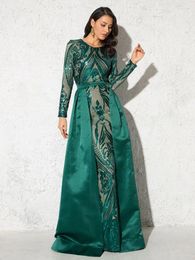 Casual Dresses Green Sequined O Neck Full Sleeved Evening Party Dress Stretchy Floor Length Ball Gown With Detachable Train Burgundy