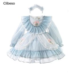 Baby Girl Princess Ruffle Dress with Headband Child Spanish Vintage Lolita Party Birthday Costumes Kids Clothes 28y Vestidos 240126