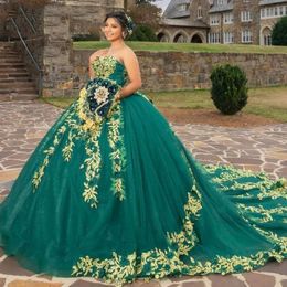 Green Shiny Ball Gown Quinceanera Dresses Bowknot Strapless Gold Appliques Lace Tull Robe Quinceanera vestidos de 15