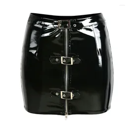 Skirts Women Sexy Shiny PU Leather Adjustable Keyhole Vinyl PVC Latex Tight Pencil Mini Punk Style Fashion