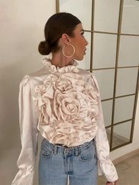 Women's Blouses Women Elegant 3d Flower Chiffon Shirt Fashion Glossy Solid Wave Collar Long Sleeve Tops 2024 Spring Lady Chic High