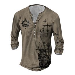 Vintage Men's Tshirts 3D Printed Ship Long Sleeve Tshirt Oversized Navigation Top Tee Shirt Man Clothes Punk Streetwear 240122