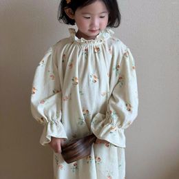 Girl Dresses HoneyCherry Autumn Girls Floral Beige Dress Velvet Wooden Ear Neck Long Sleeve Kids For