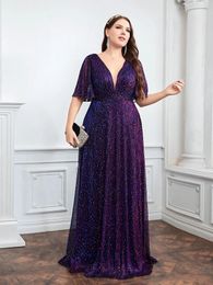 Wedding Bridesmaid Dress For Plus Size Female Fashion Plunging Neck Butterfly Sleeve Glitter Party Dresses Large Lady y240129