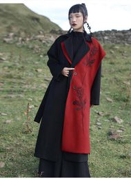 Ethnic Clothing Asymmetric Embroidered Woolen Coat Women's Retro Contrasting Color Of Black And Red Rose Classic All-Match Fall Winter