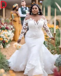 2024 Arabic Aso Ebi Plus Size White Lace Mermaid Wedding Dress Sheer Neck Long Sleeves Bridal Gowns Dresses ZJ505