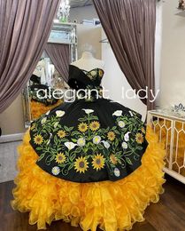 Black Yellow Charro Mexican Quinceanera Dresses Embroidery Floral Sweetheart Corset vestidos de xv anos Prom Sweet 15 Gown